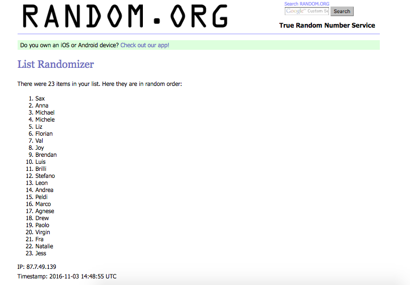 An example of randomized list with raffle results
